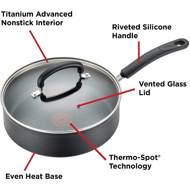 T-fal C561SC Titanium Advanced Nonstick Thermo-Spot Heat Indicator Dishwasher Safe Cookware Set, 12-Piece, Black