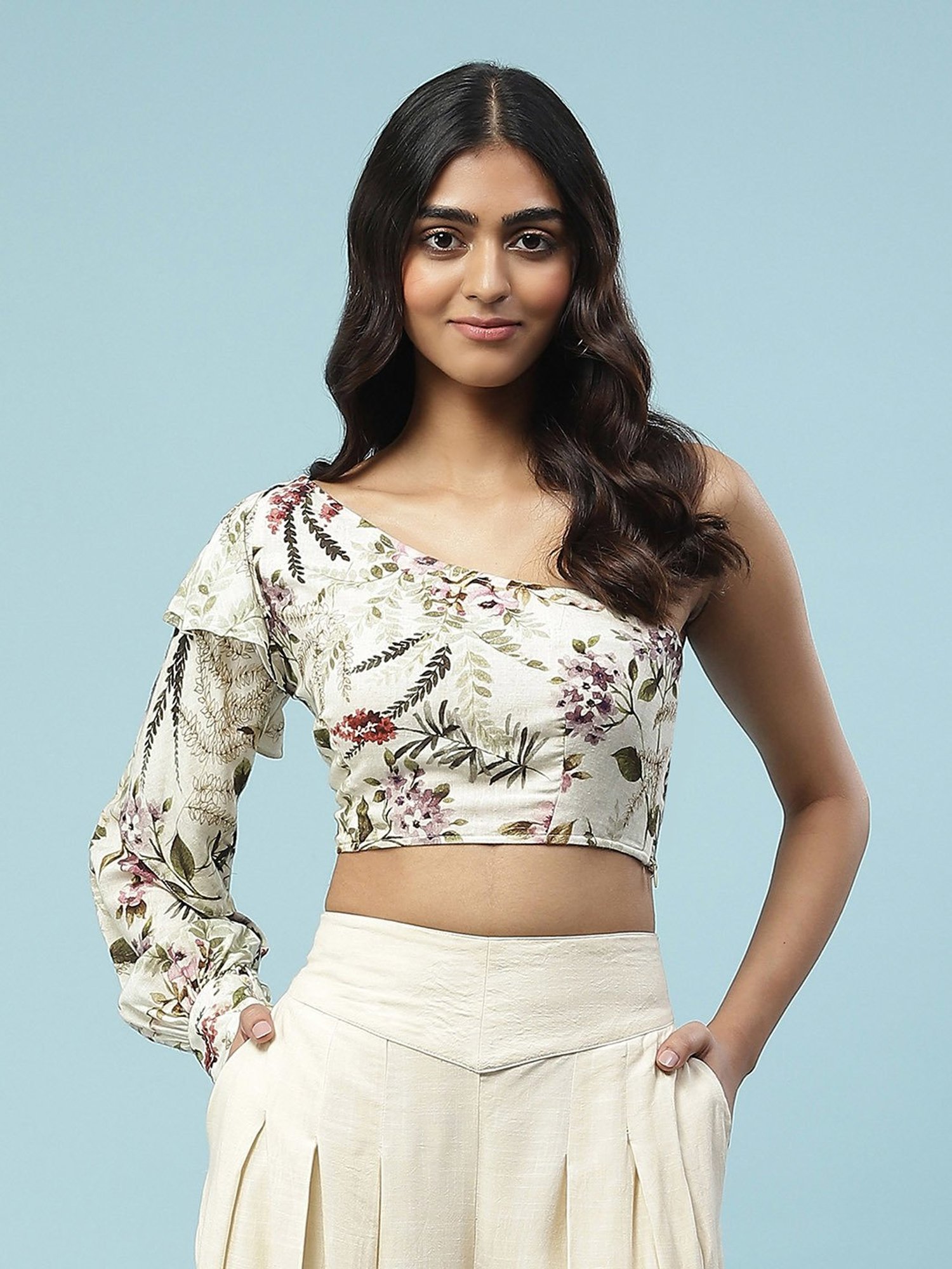 aarke Ritu Kumar Off White Floral Print Crop Top
