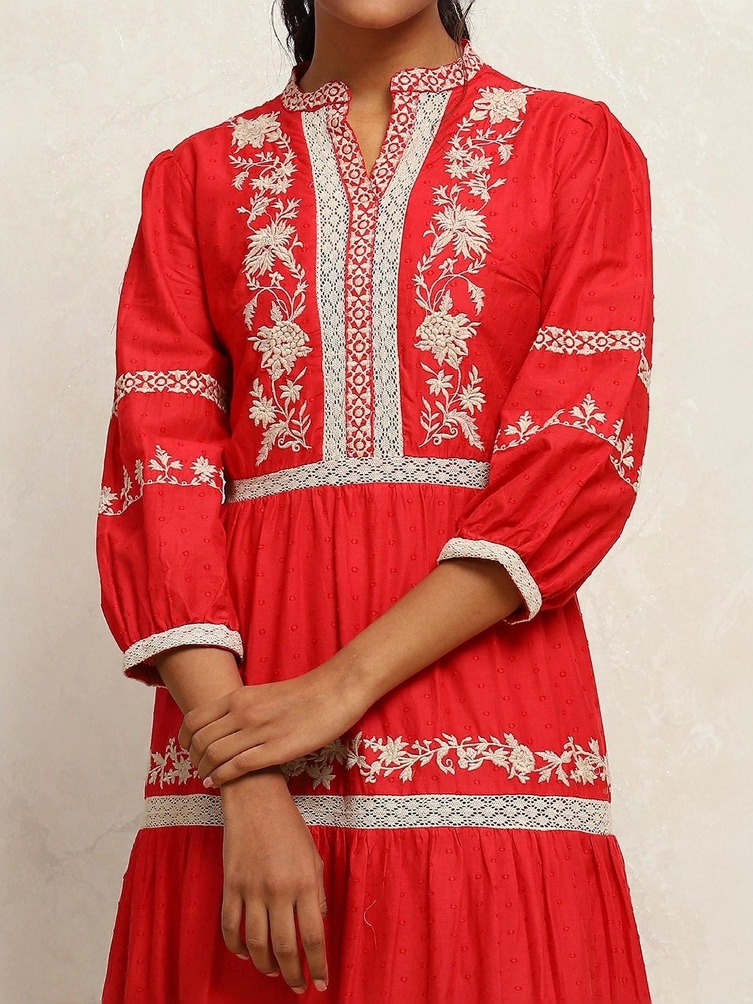 Biba Red Cotton Embroidered A-Line Dress