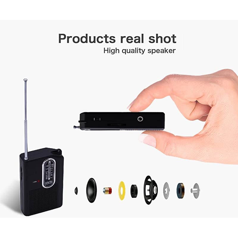 FM Portable Pocket Radio, Battery Operated Compact Transistor Radios with Great Reception, Built-in Speaker, Come with Headphone (Black)