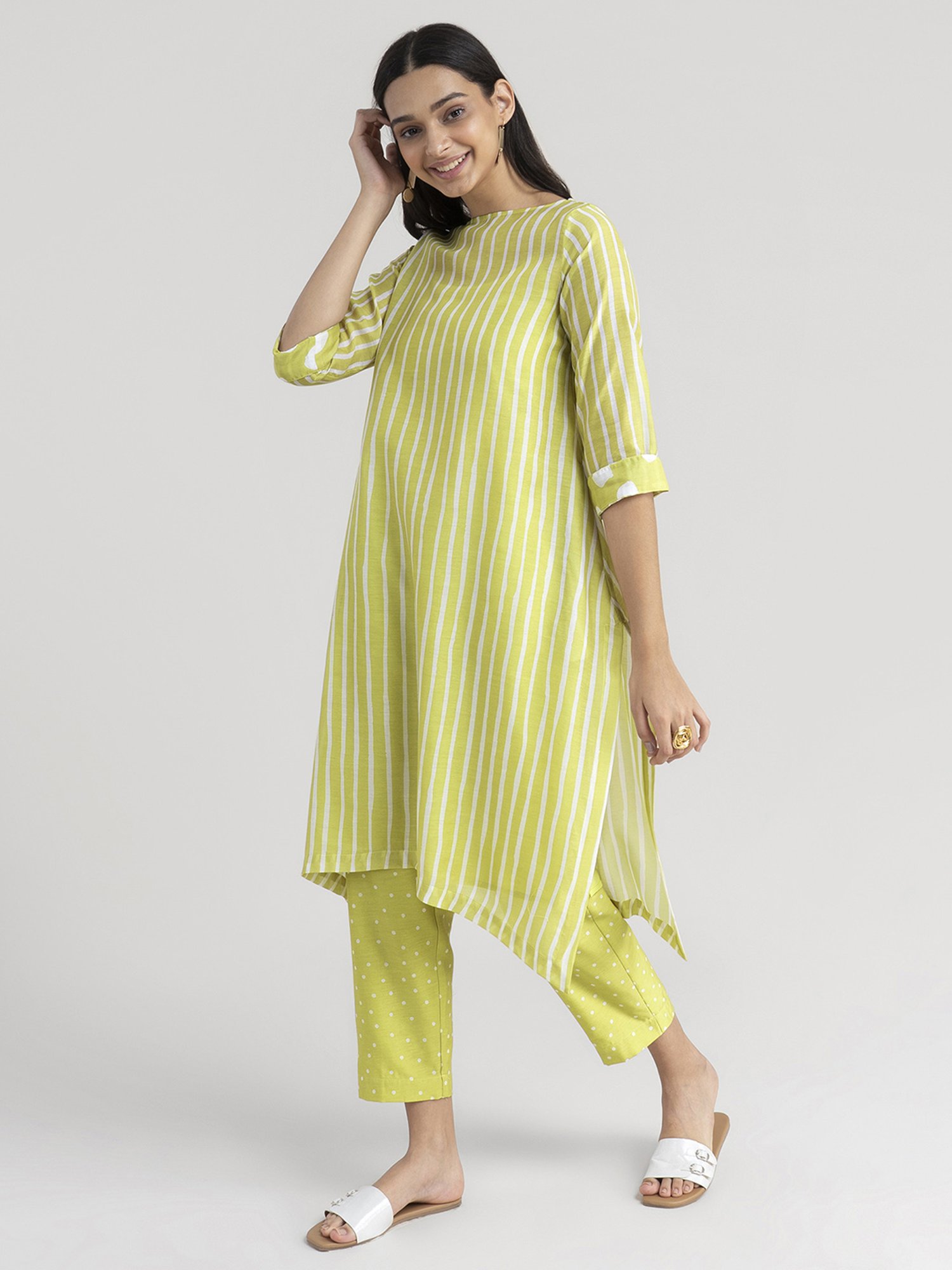 Pink Fort Lime Green Striped Kurta Pant Set