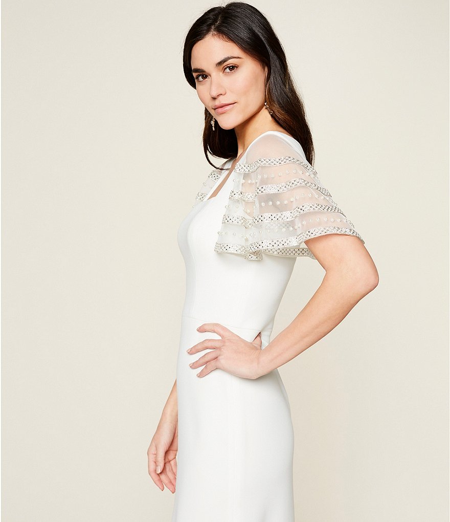 Betsy & Adam Beaded Flutter Sleeve Scuba Crepe Gown