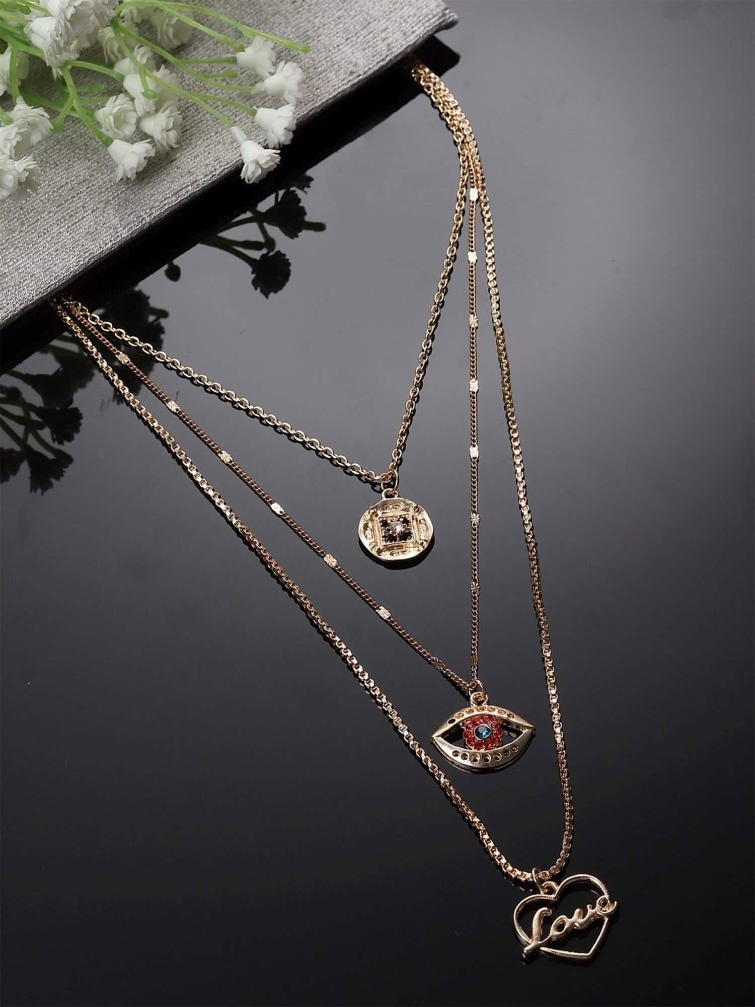 Karatcart Golden Eye and Love Multicharm Multilayered Chain Women