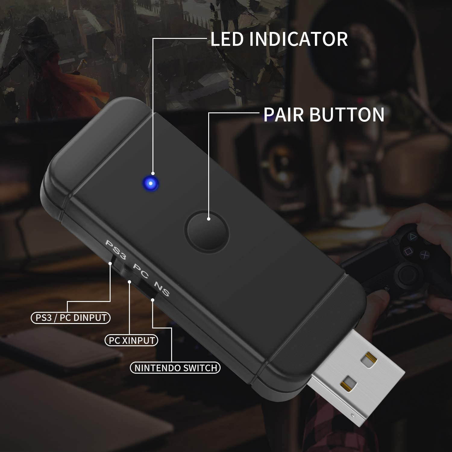 FunTurbo Wireless Controller Adapter for Nintendo Switch/PC & PS3, Bluetooth Controller Adapter Supports Wireless PS4/PS3/Switch/Xbox One X/S Controllers and Wired Xbox One/Xbox 360 Controllers