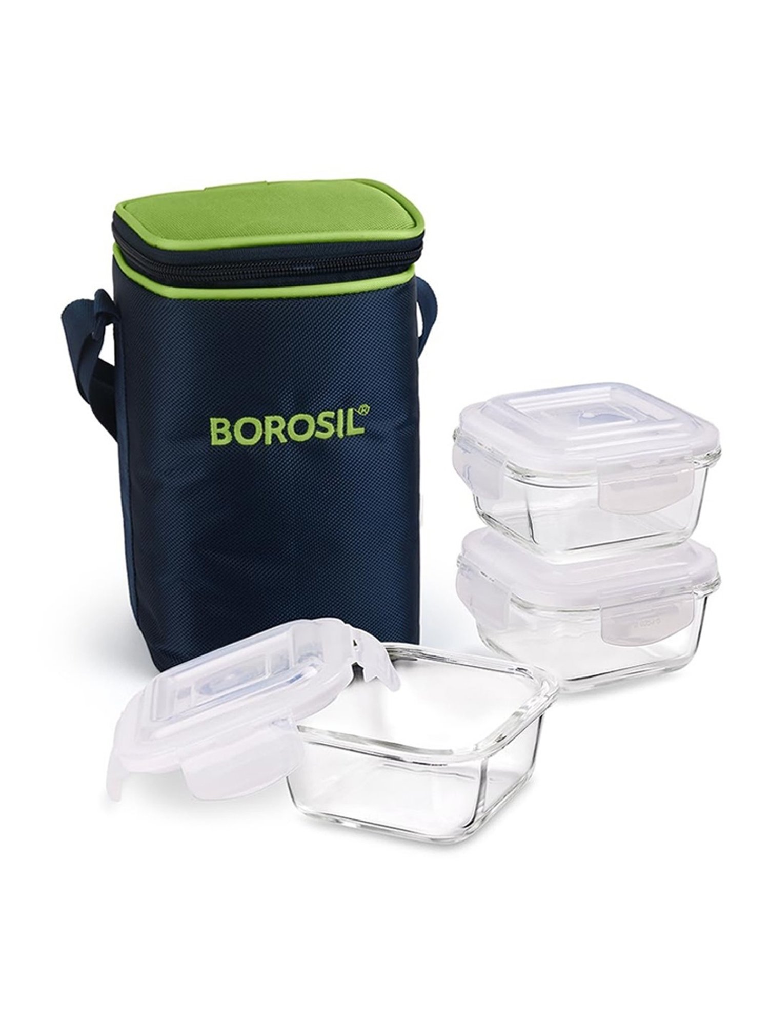 Borosil Alfa Glass Lunch Box Set of 3 (Green, 320 ml)