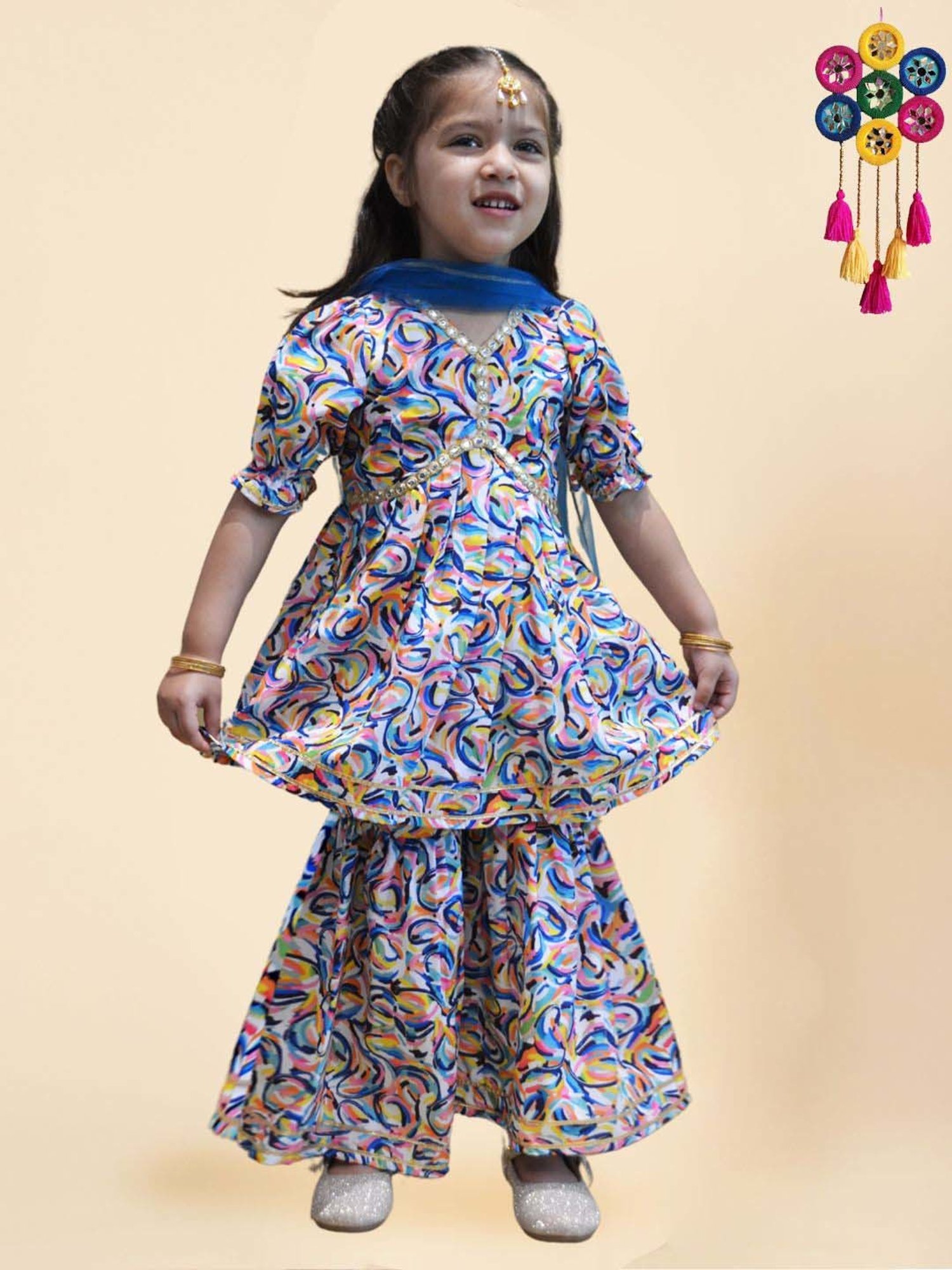 A.T.U.N. Girls Turquoise Printed Kurta Set