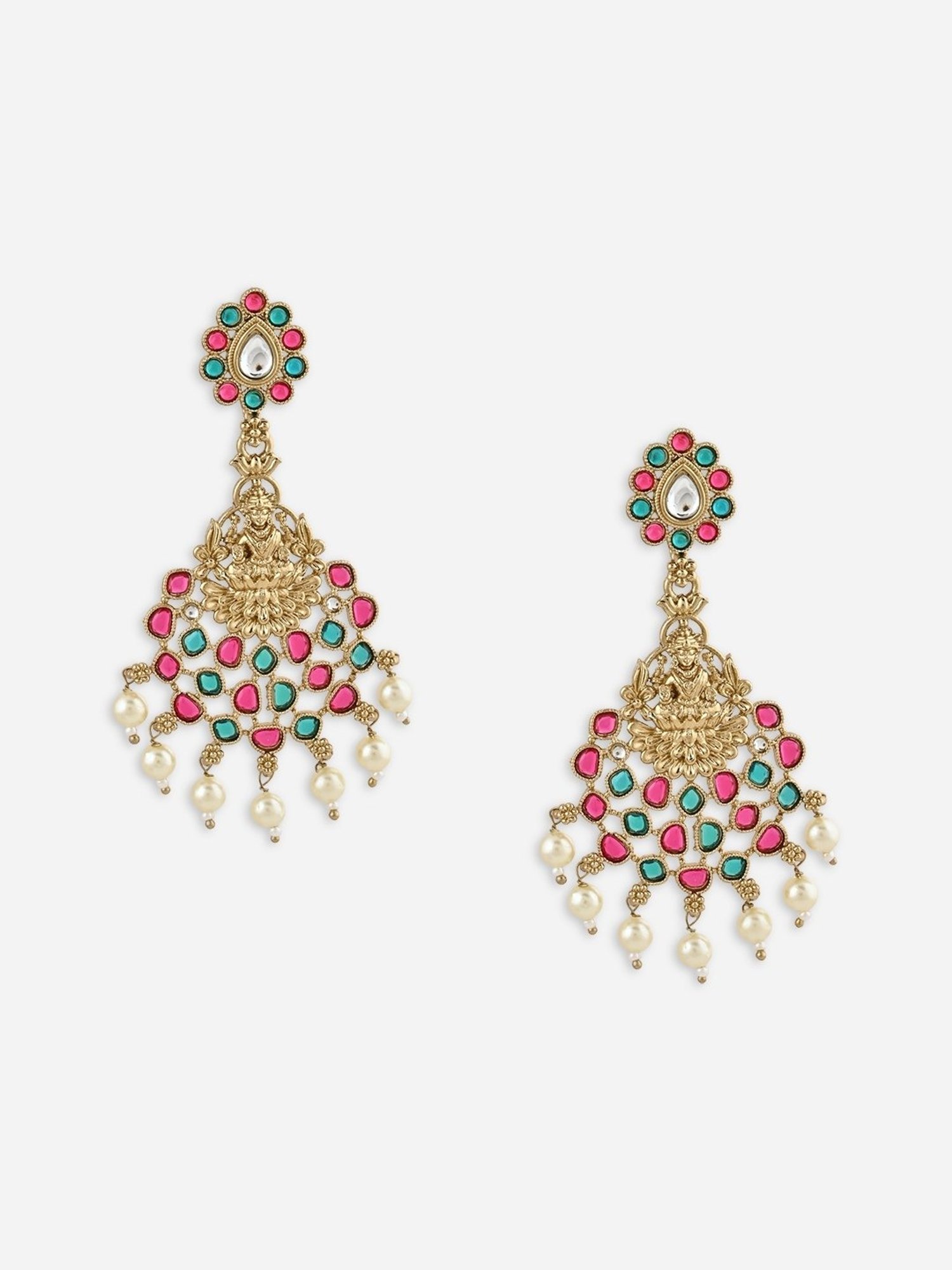 Fida Multicolor and Mehendi Gold Goddess Laxmi Pearl Temple Dangler Earrings for Women