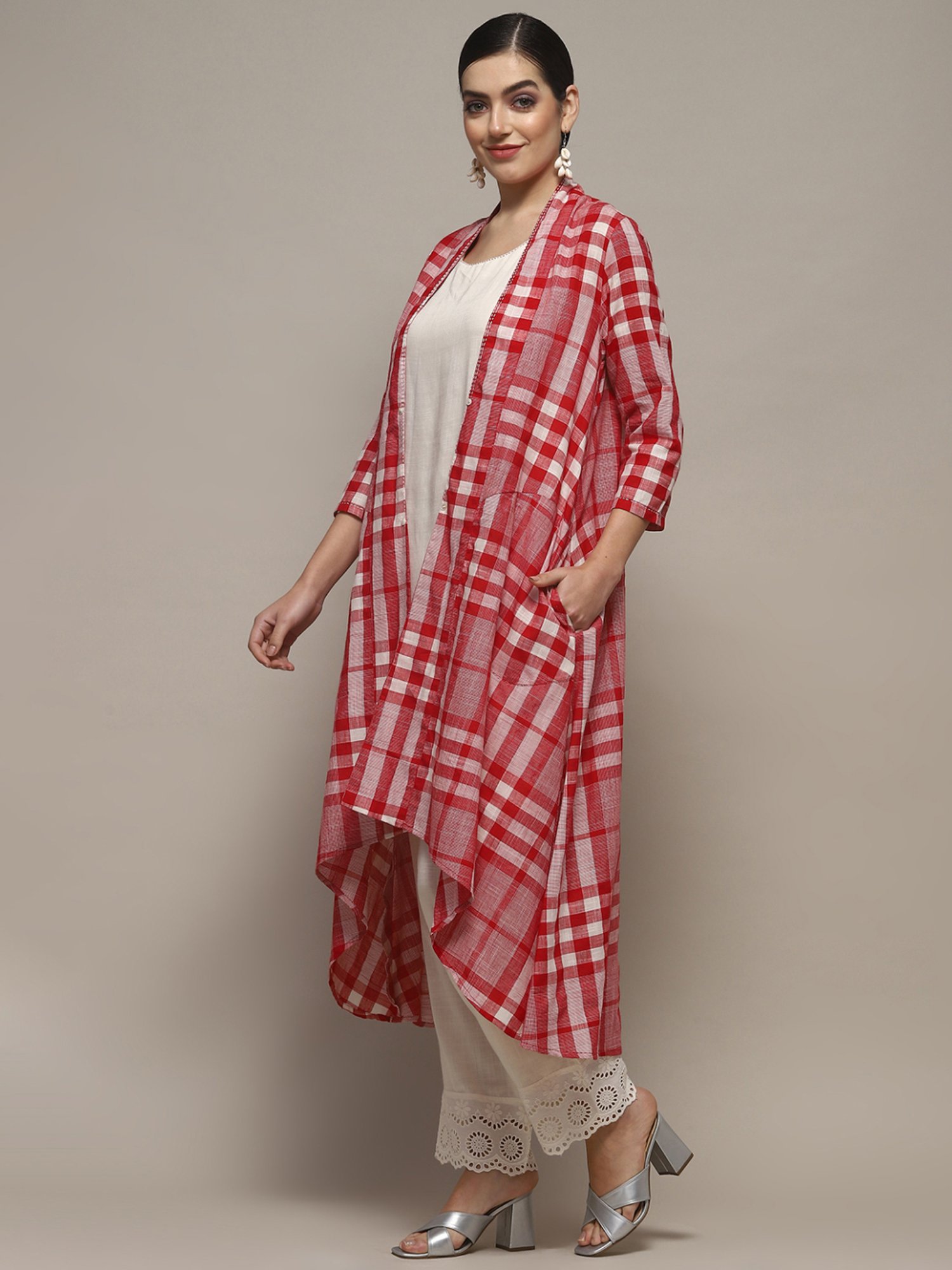 Biba Pink & White Cotton Printed Kurta Pant Set With Jacket