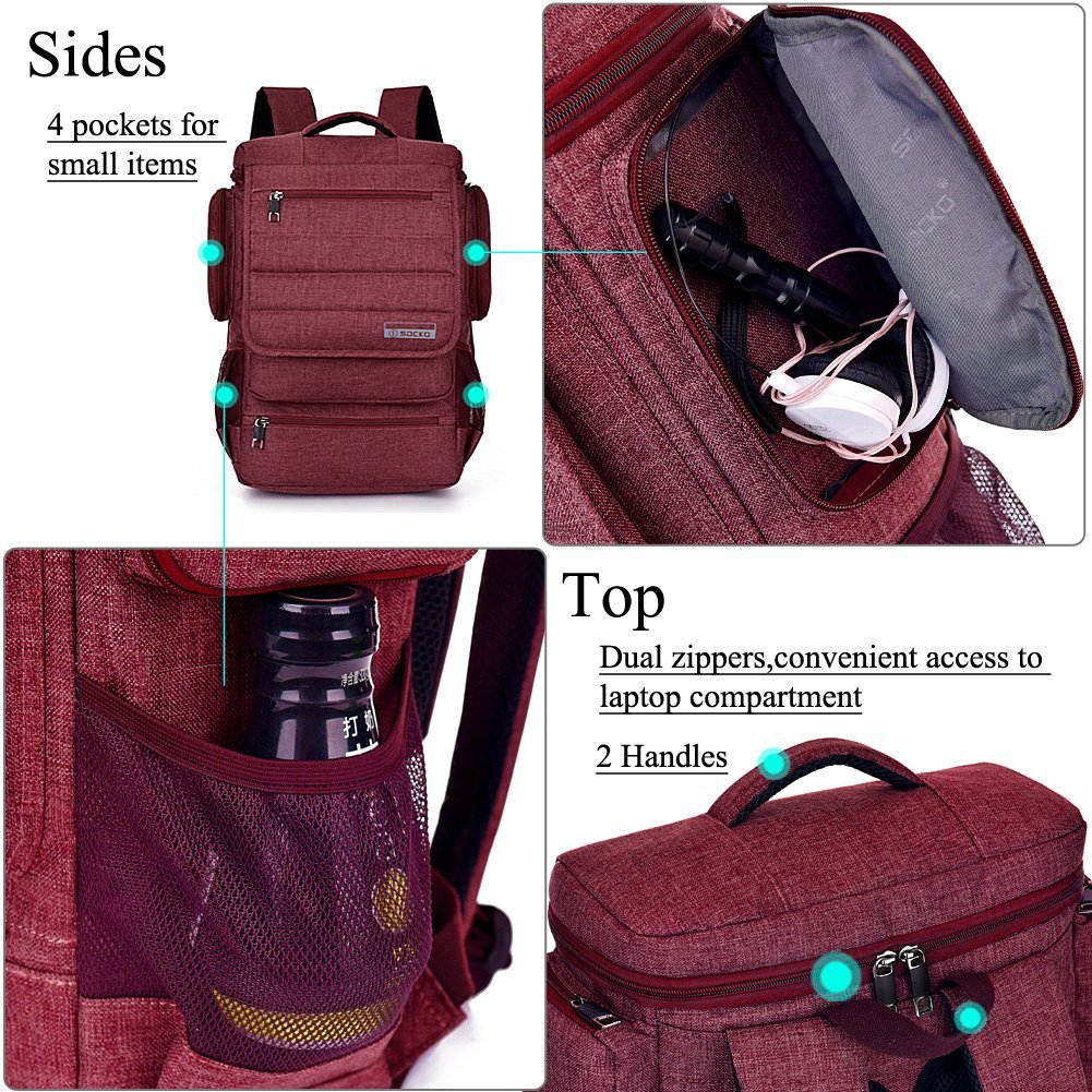 SOCKO Laptop Backpack , Multifunctional Unisex Luggage & Travel Bags Knapsack,rucksack Backpack Hiking Bags Students School Shoulder Backpacks Fits Up to 17.3 Inch Laptop Macbook Computer,Red