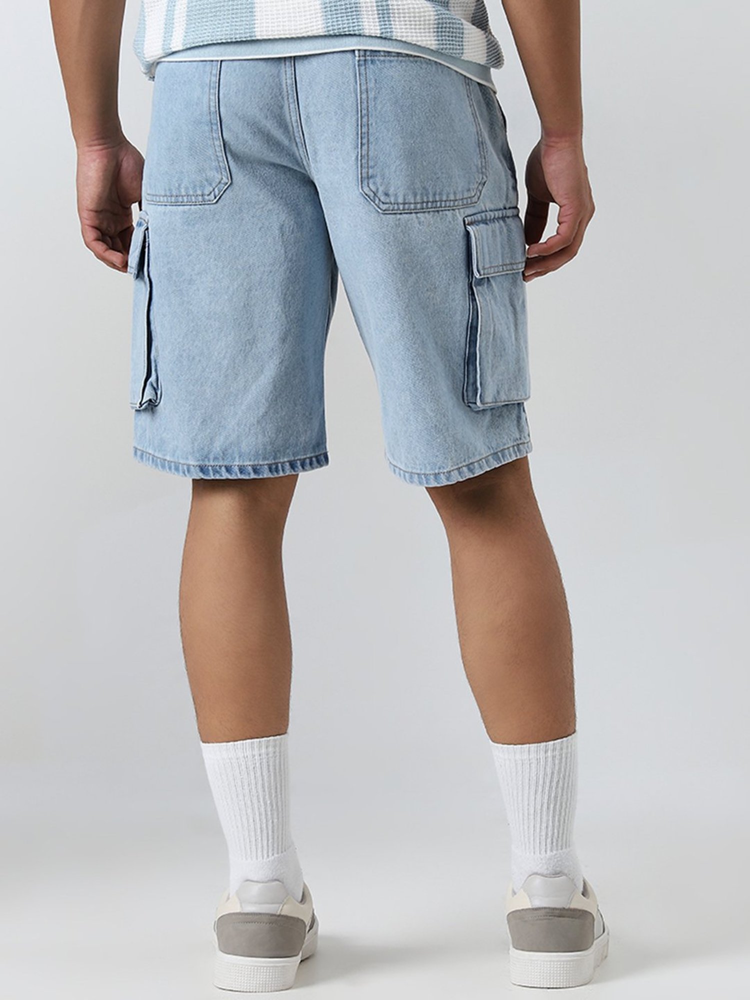 Nuon by Westside Light Blue Cargo-Style Mid-Rise Relaxed-Fit Shorts