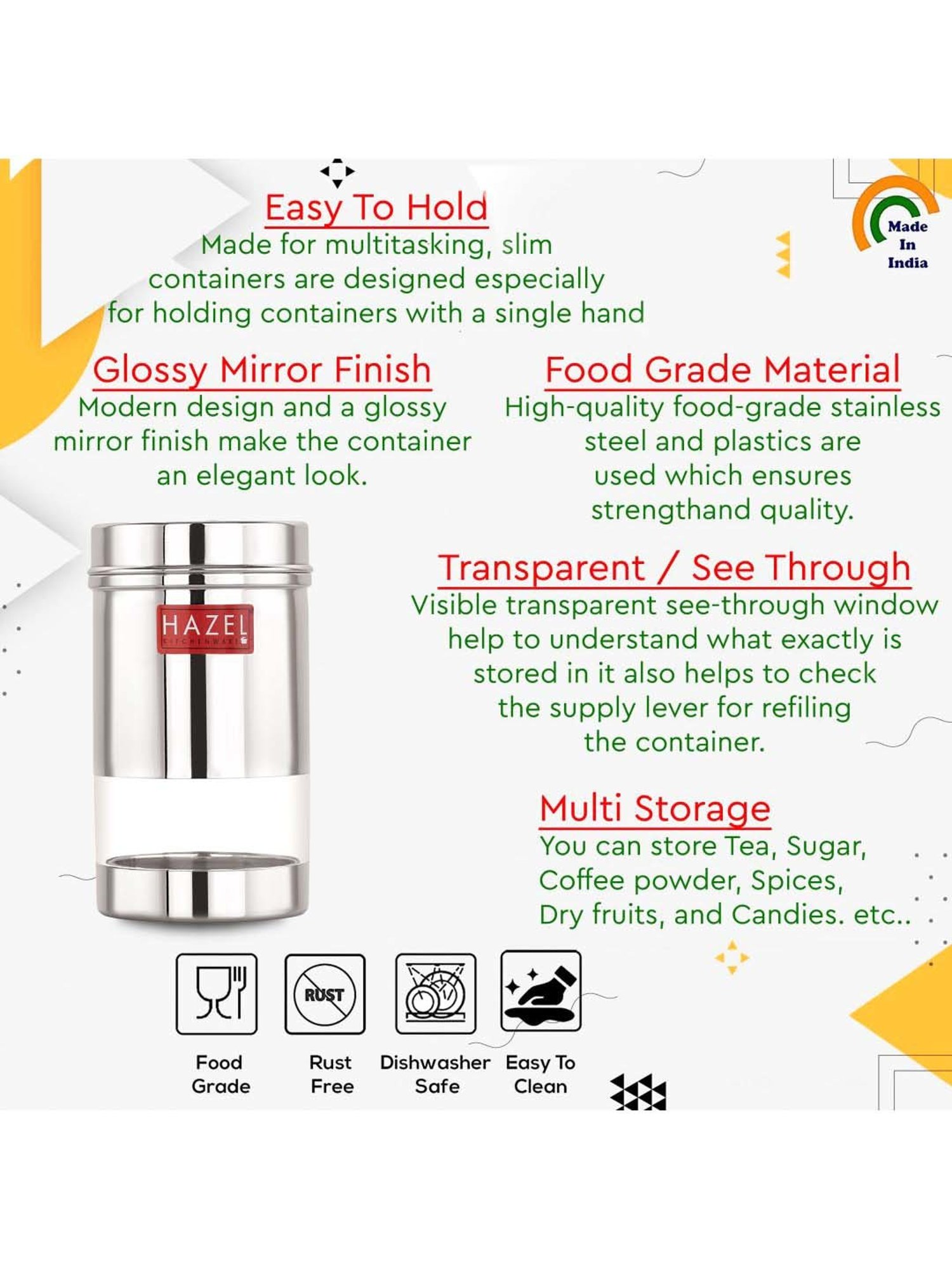 HAZEL Silver Stainless Steel Small Container (0.4 L) - Set of 2