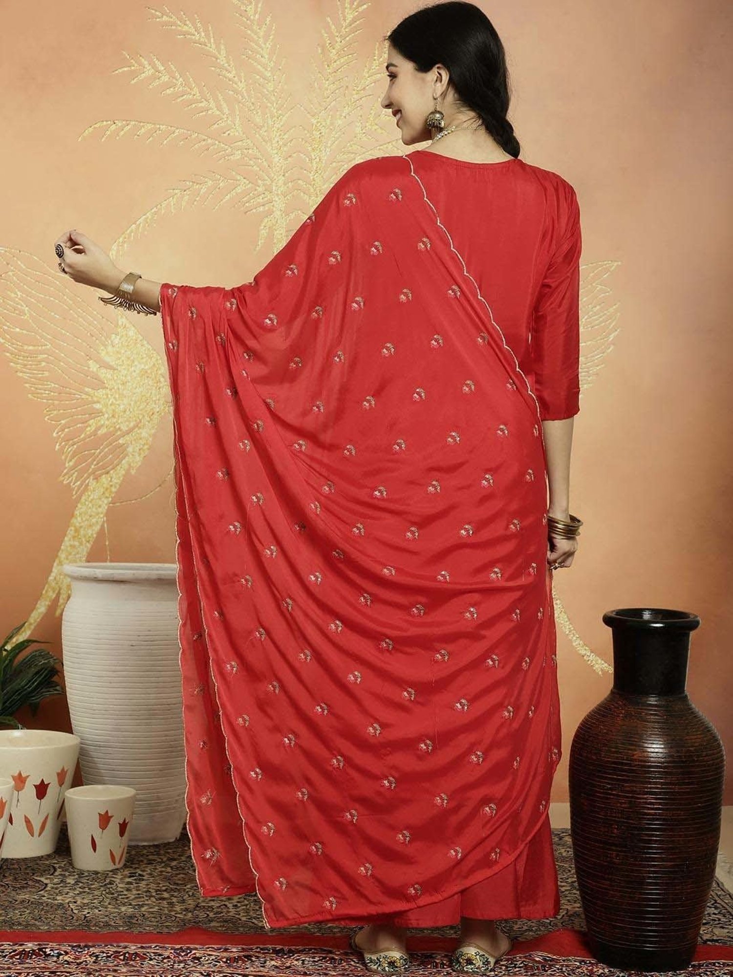 Stylee LIFESTYLE Red Embroidered Unstitched Dress Material