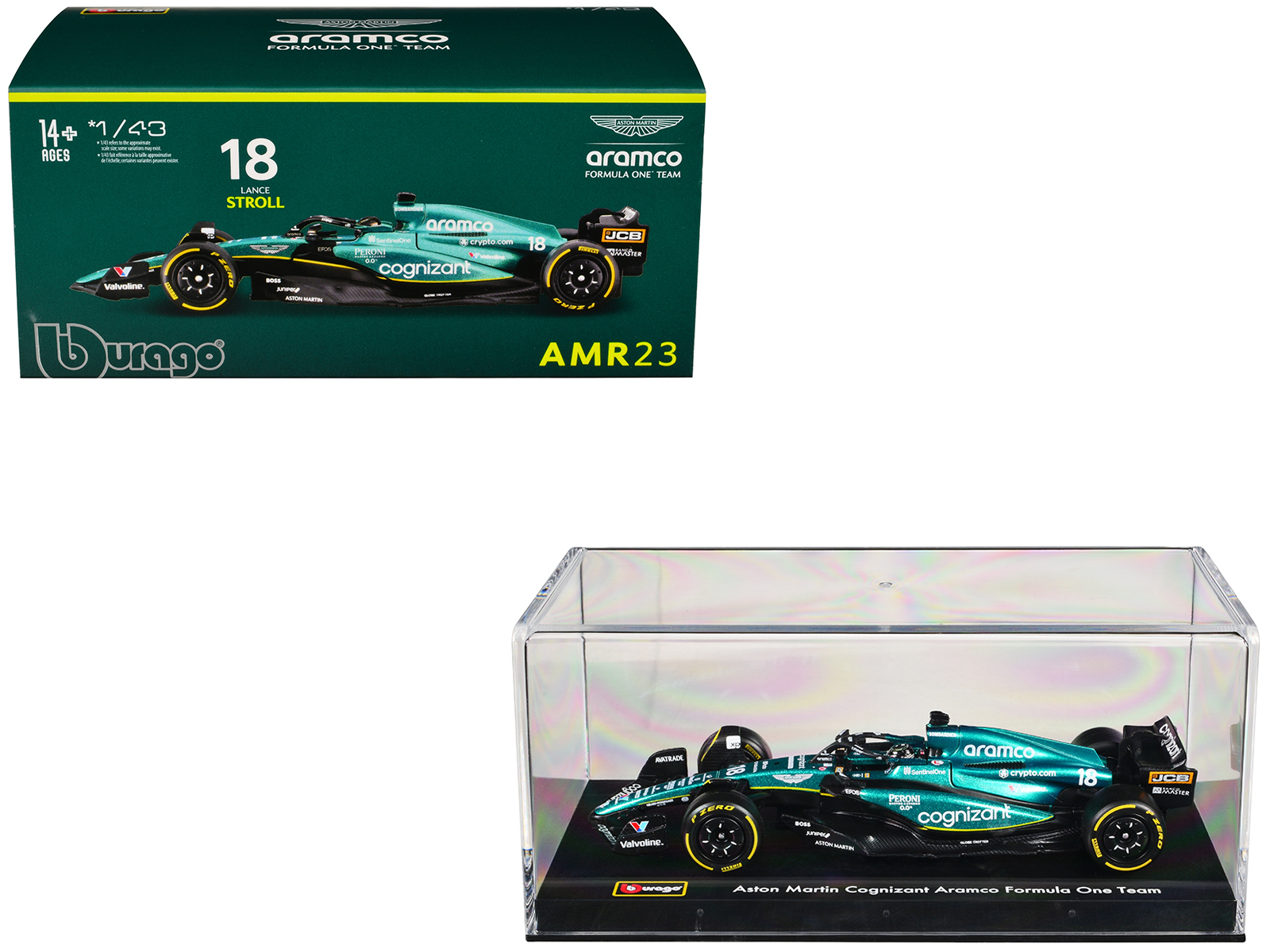 Aston Martin AMR23 #18 Lance Stroll "Cognizant Aramco F1 Team" Formula One F1 World Championship (2023) with Display Case "Race" Series 1/43 Diecast Model Car by Bburago
