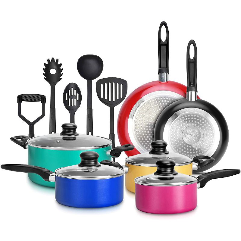 Nutrichef 15 Piece Nonstick Kitchen Cookware Set with 2 Cooking Pots, 2 Sauce Pots, 4 Lids, 2 Pans, and 5 Utensils, Multicolor