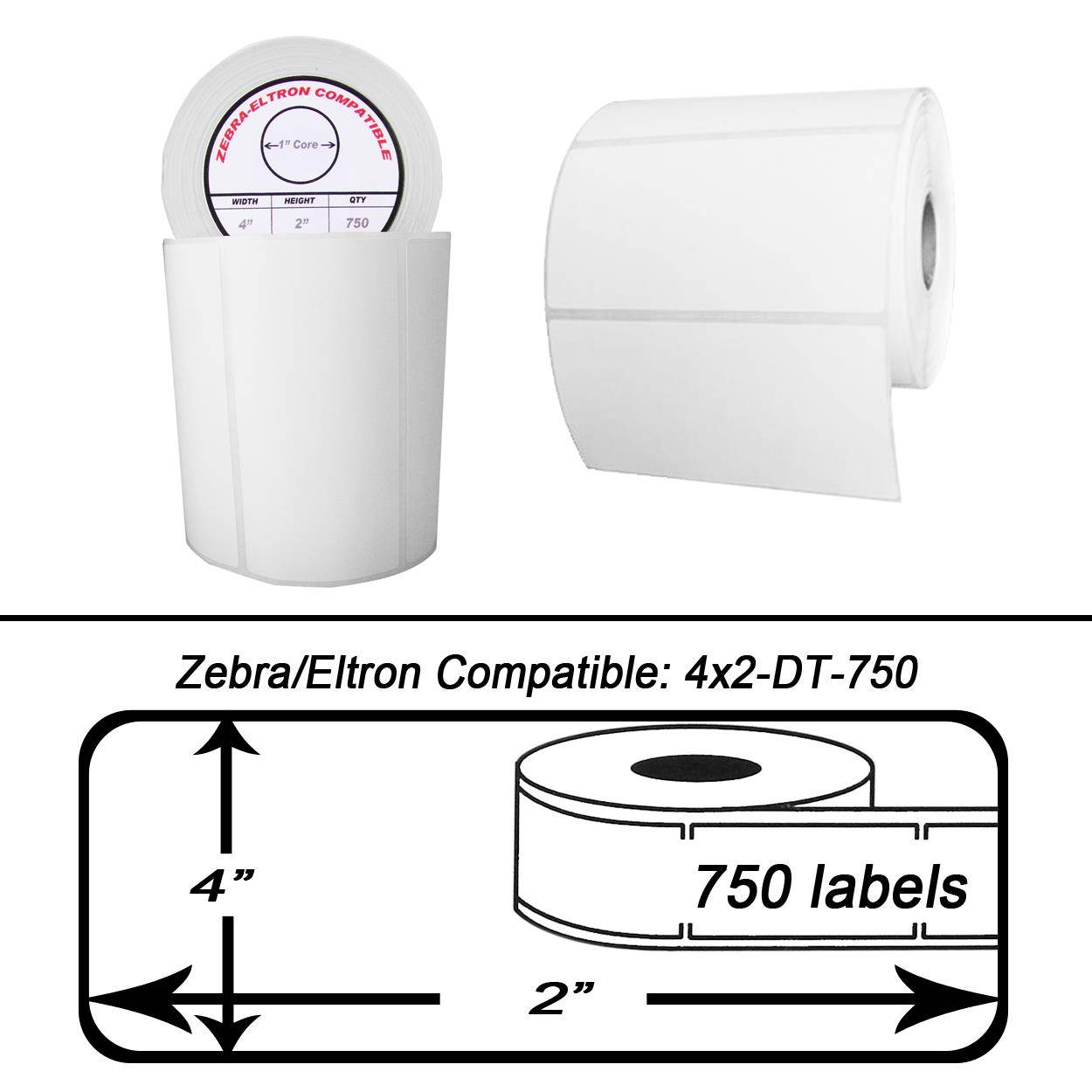 Zebra/Eltron-Compatible 4 x 2 Labels (4" x 2") -- BPA Free! (4 Rolls; 750 Labels per Roll)