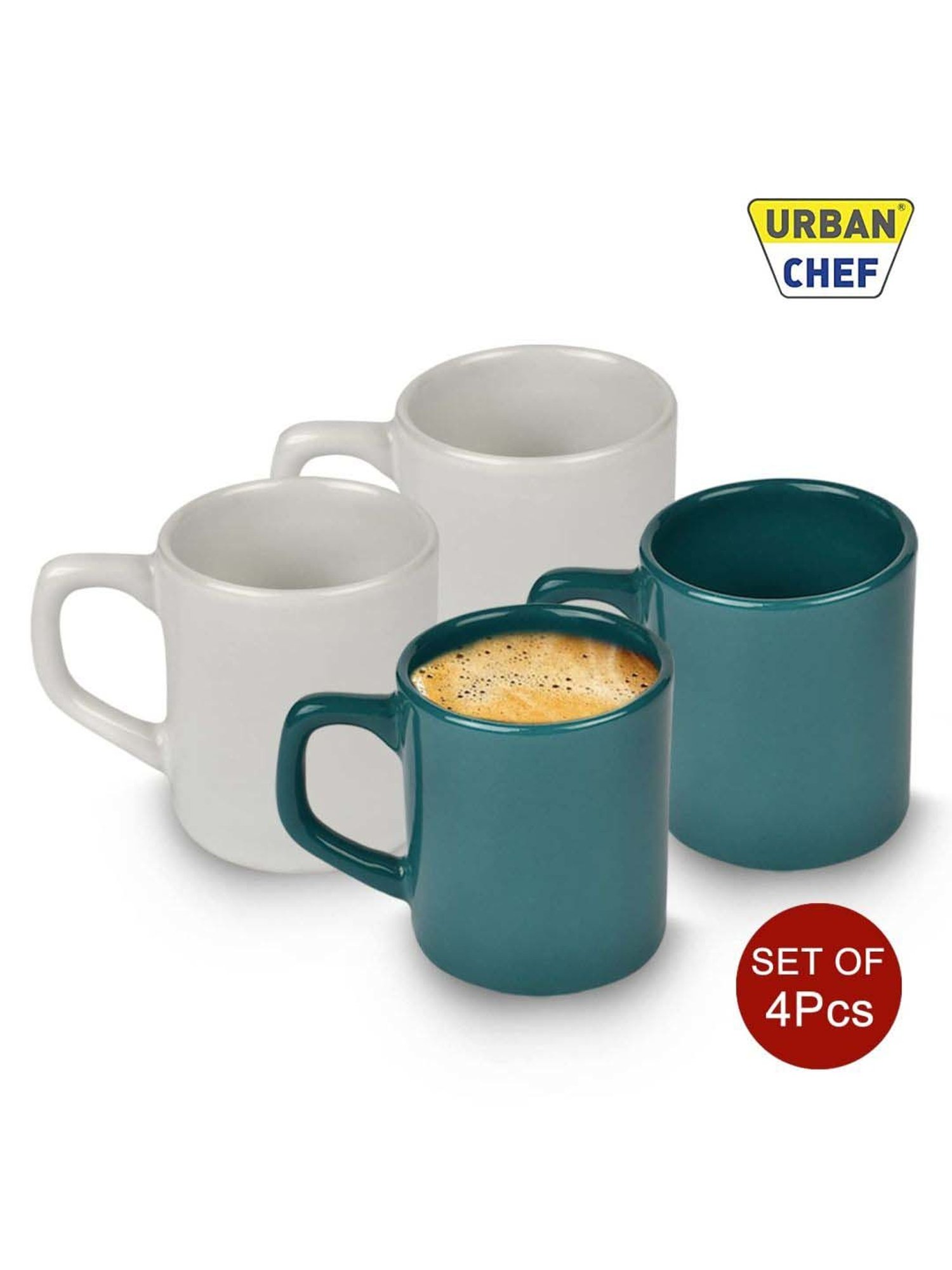Urban Chef White & Dark Green Ceramic Droite Handcrafted Microwave Safe Cup - Set of 4