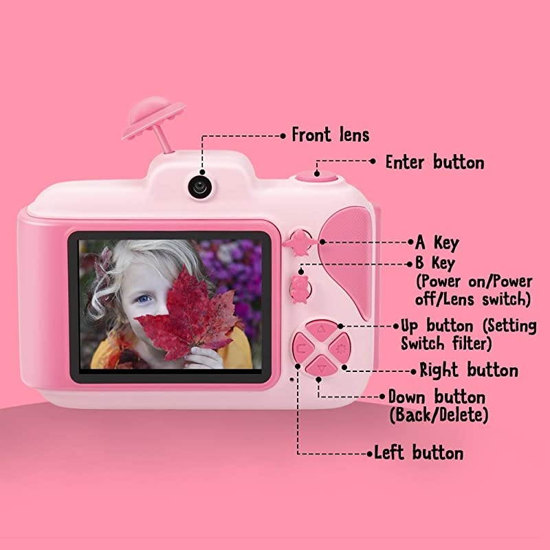 Kids Camera Wireless Mini Digital Video Camera HD Recorder Dual Cameras 24 Inch LCD Display Camcorder Toys Gifts for Kids PinkB