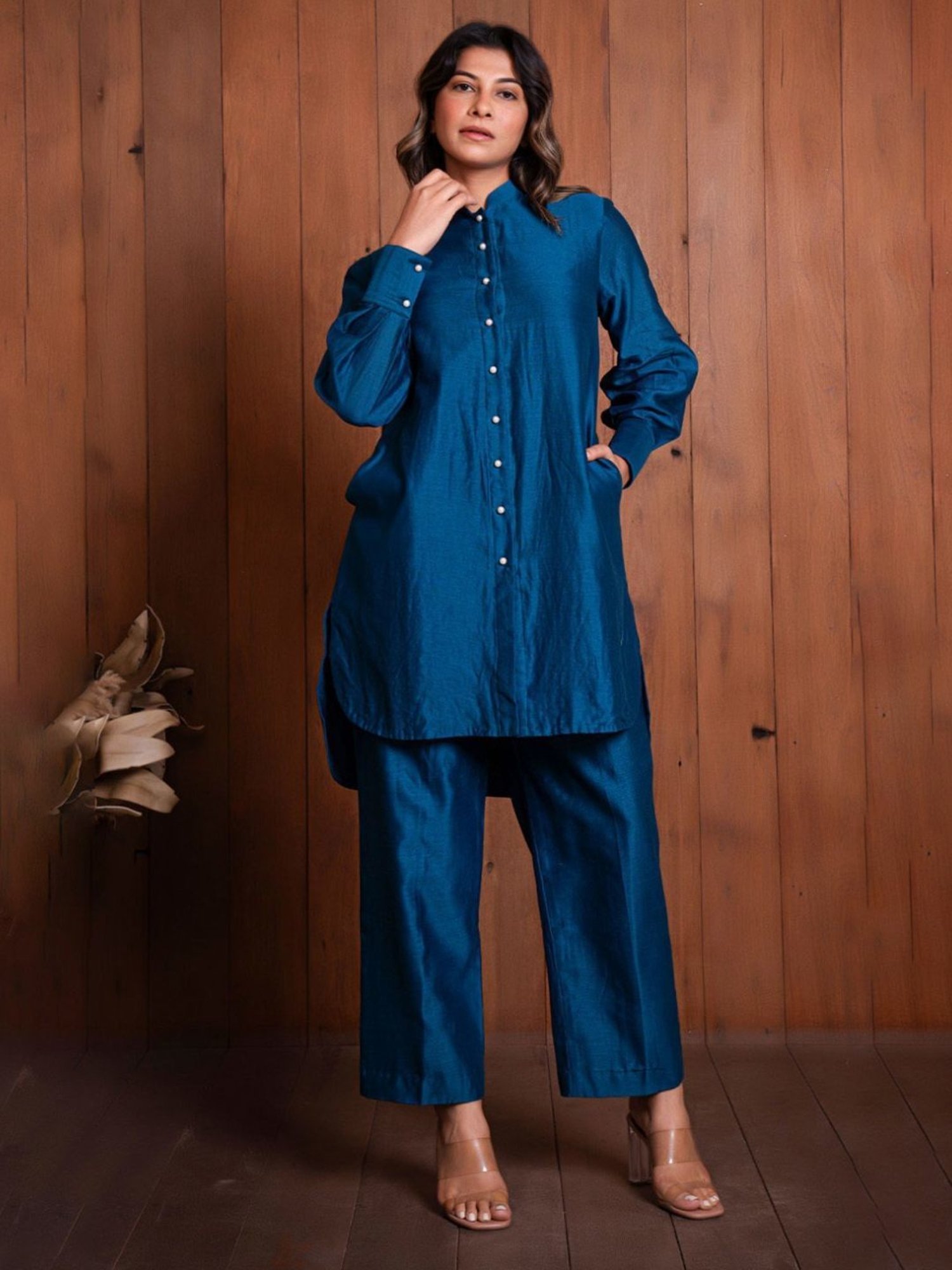 Eeshva India Blue Solid Chanderi Kurta with Pant