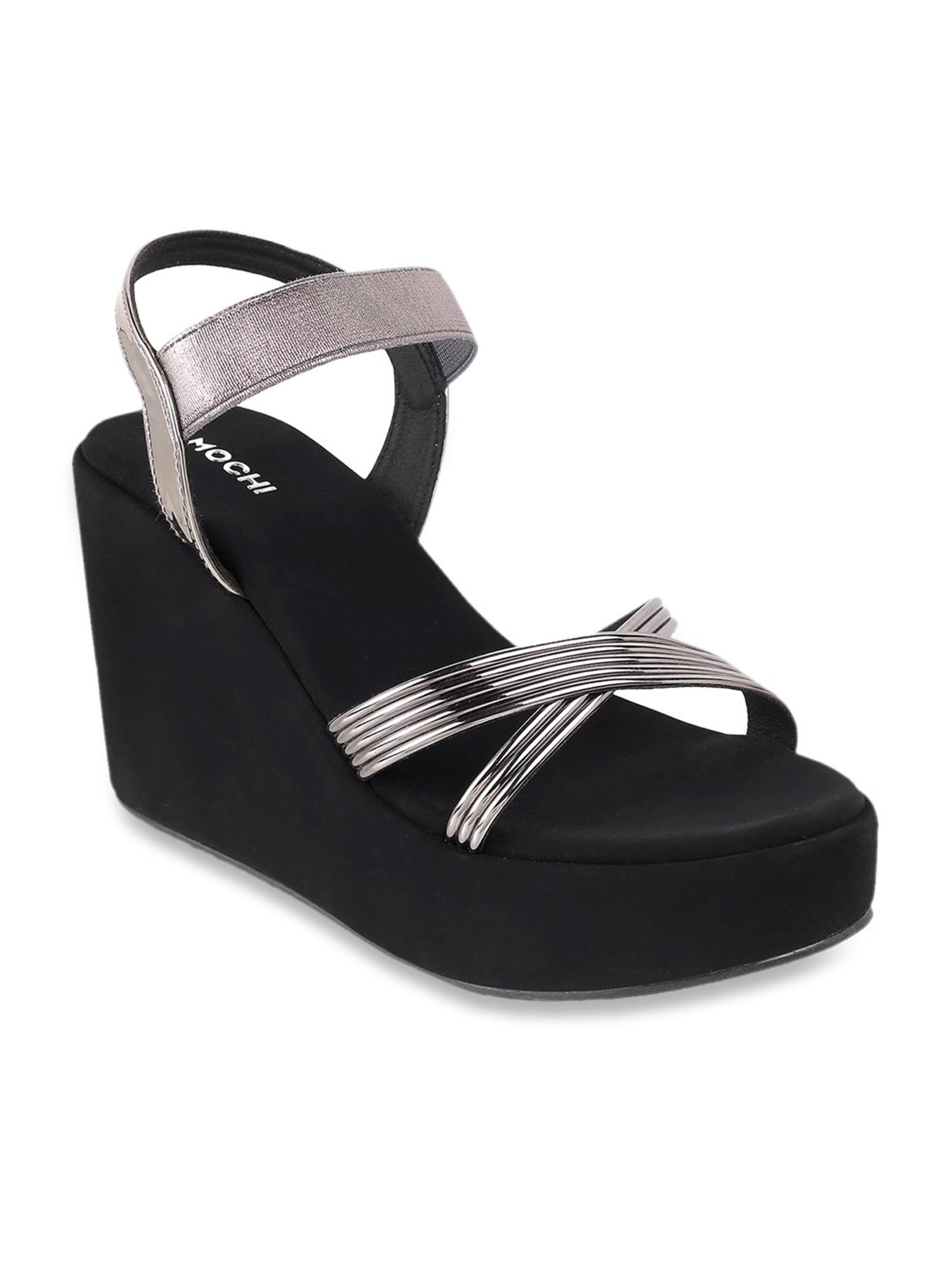 Mochi Women's Gun Metal Cross Strap Wedges