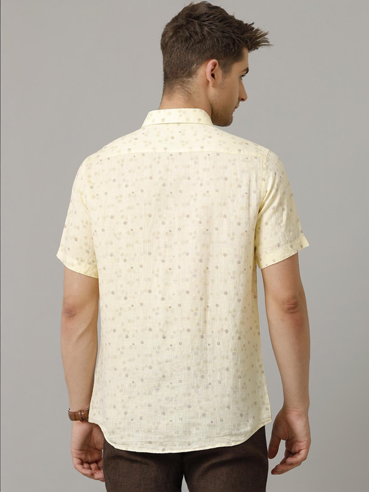 Linen Club Yellow Linen Contemporary Fit Printed Shirt