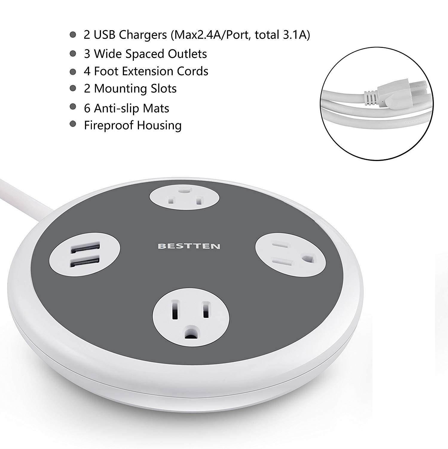 BESTTEN Desktop Power Strip with USB Ports (3.1 Amp), 3 Wide-Spaced Outlets and 2 USB Charging Ports, 4' Heavy Duty Extension Cord, ETL Certified, Gray & White