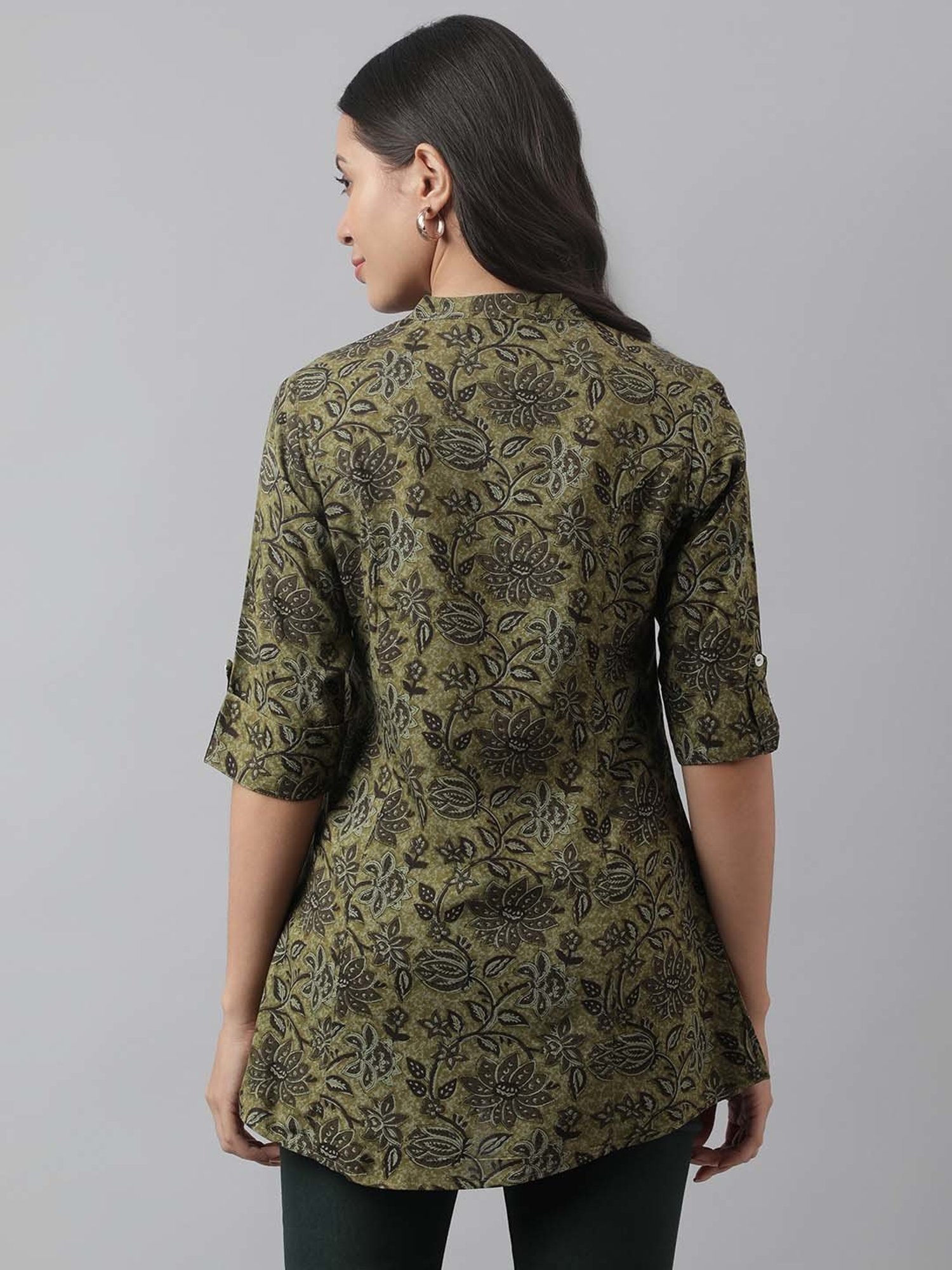 Divena Olive Green Cotton Floral Print Tunic