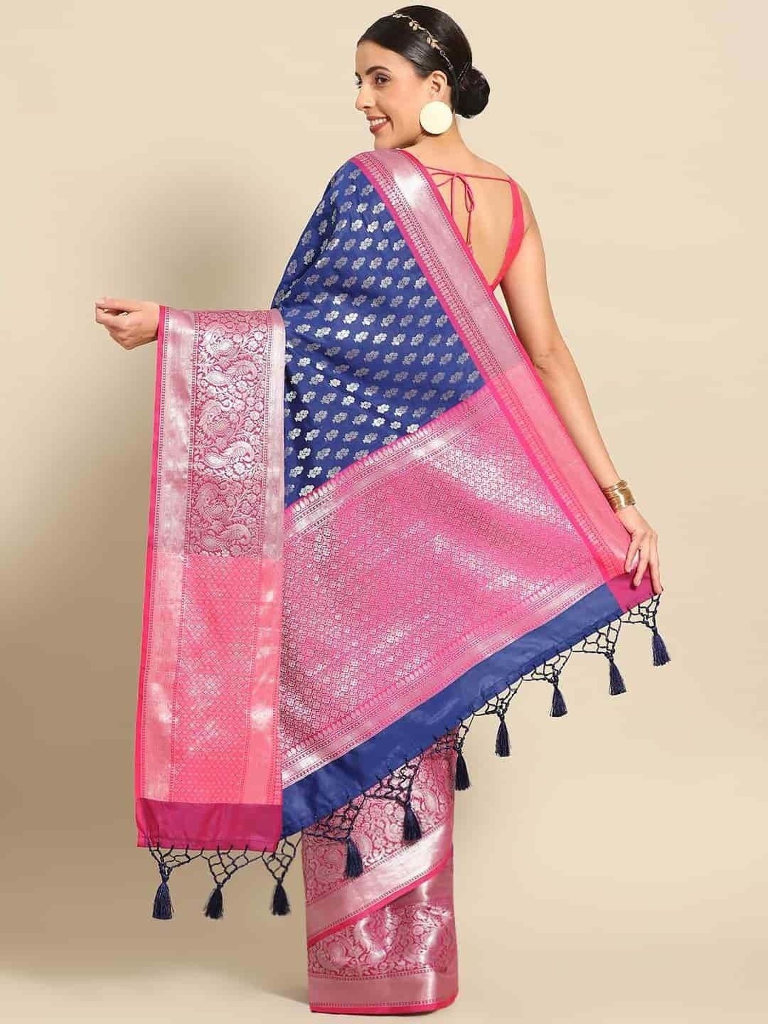 Silk Land Navy & Pink Woven Saree With Unstitched Blouse