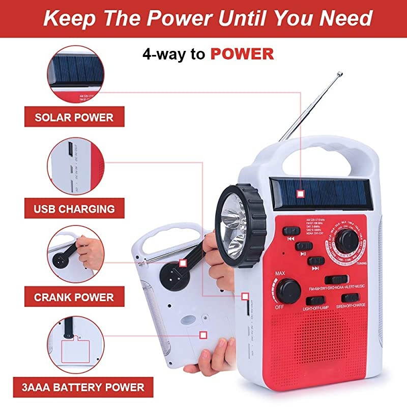 Portable Solar Emergency Weather Radio Hand Crank AM/FM NOAA Survival Radios with LED Flashlight 1000mAh Power Bank for Smart Phone for Home Outdoor Camping Traveling Earthquake (083)