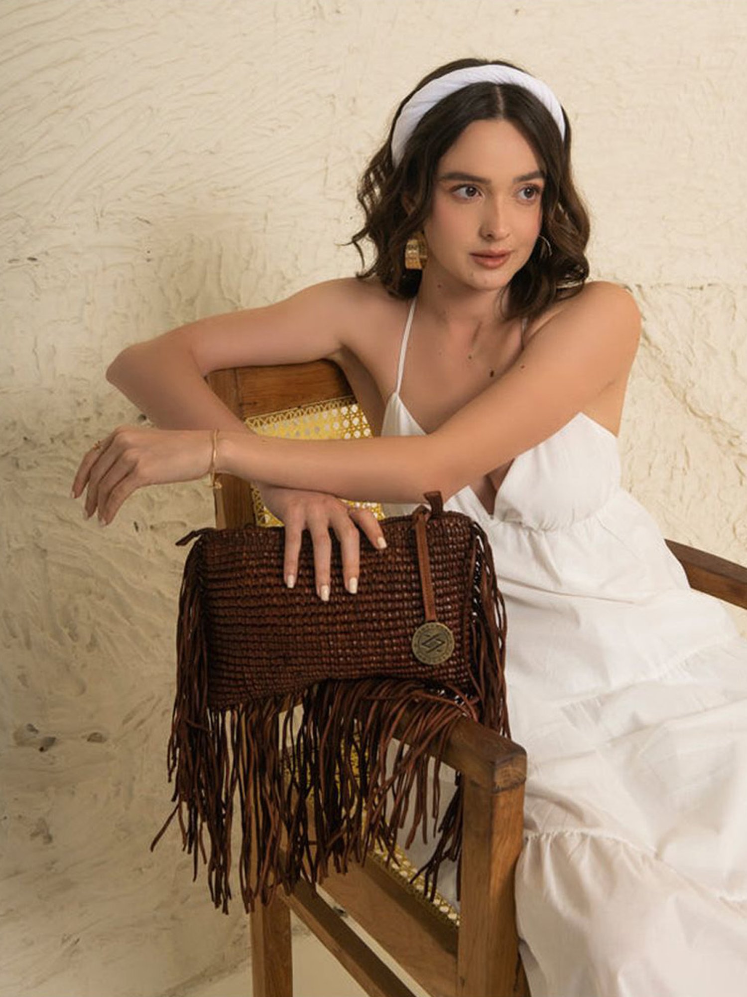 KOMPANERO Macrame Cognac Leather Textured Sling Handbag