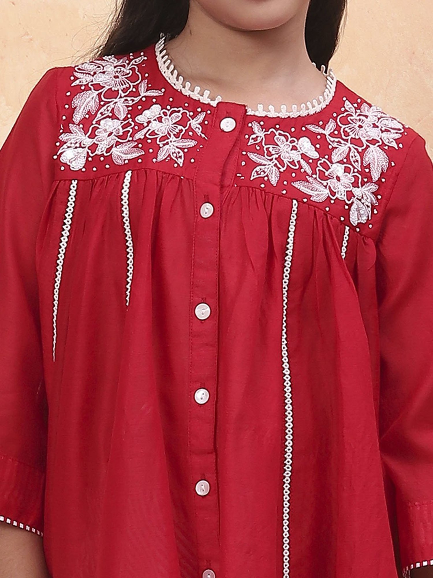 Biba Girls Red Embroidered Suit Sets