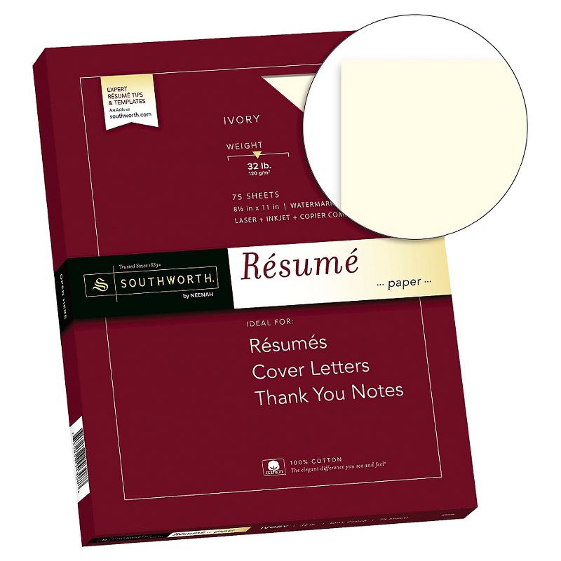 Southworth 100% Cotton Résumé Paper, 8.5" x 11", 32lb, Wove Finish, Ivory, 75 Sheets