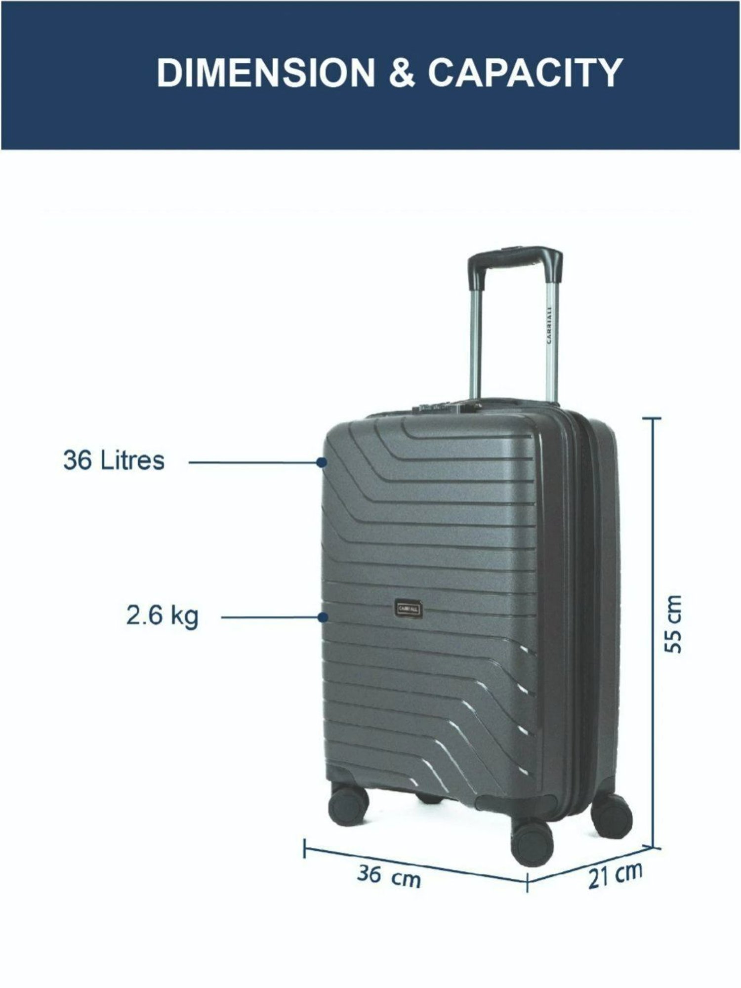 Carriall Grey 8 Wheel Small Hard Cabin Trolley - 36.5 cm