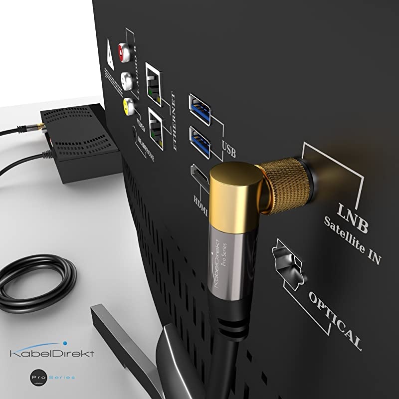 10 feet 75 Ohm HDTV SAT, TV Cable, 90&deg; Angled, Male F-Type Connector to Straight Male F-Type Coaxial Cable for TV, HDTV, Radio, DVB-T2, DVB-C, DVB-S &ndash; Pro Series