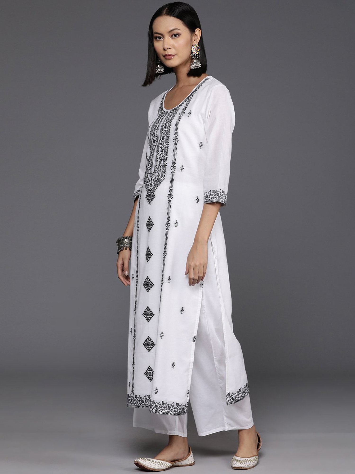 Varanga White Cotton Embroidered Kurta Palazzo Set With Dupatta