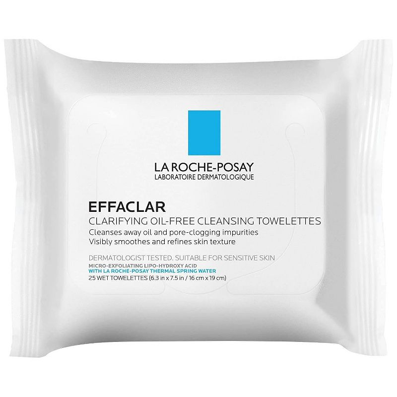 La Roche-Posay Effaclar Clarifying Oil-Free Cleansing Towelettes for Oily Skin Face Wipes - 25ct