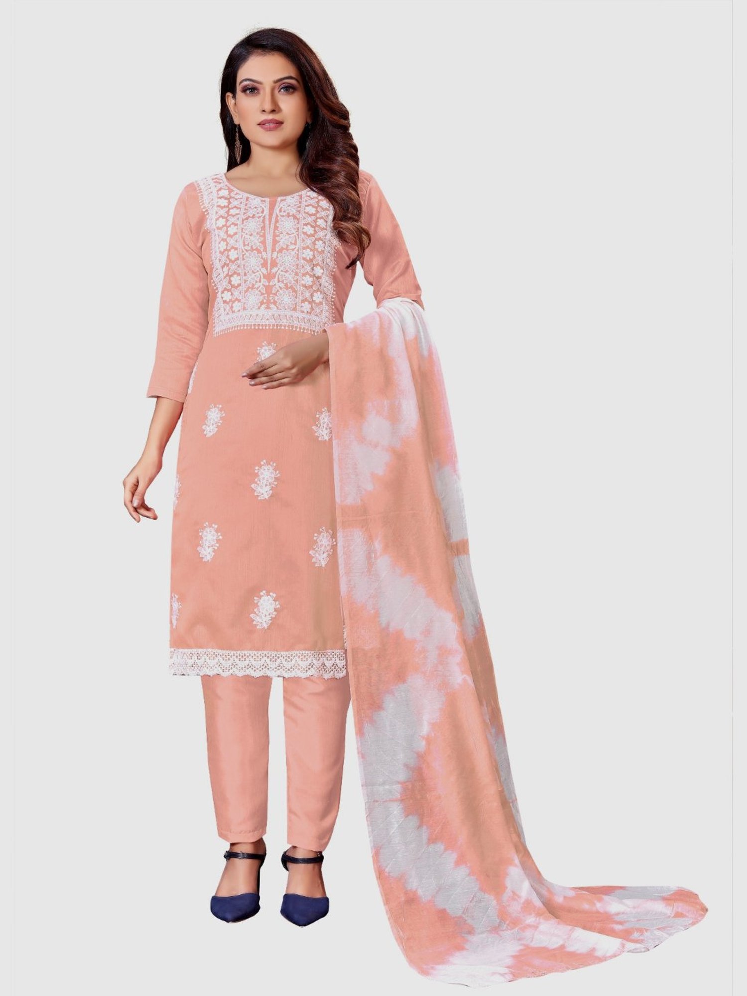 APNISHA Peach Embroidered Unstitched Dress Material
