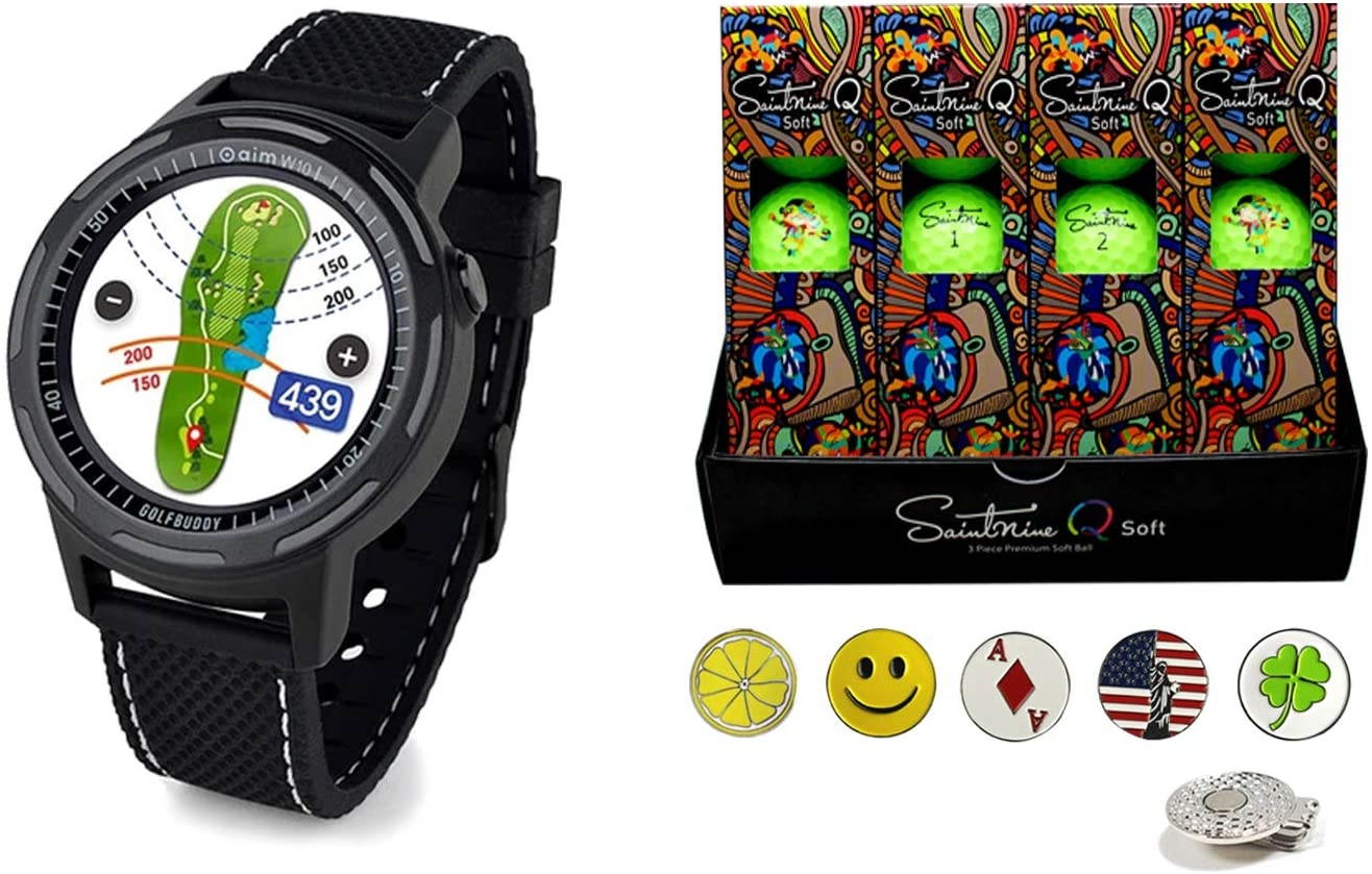 Golf Buddy aim W10 Bluetooth Wireless Golf GPS Smartwatch Bundle with 1 Dozen Saintnine Golf Balls, 5 Ball Markers and 1 Magnetic Hat Clip