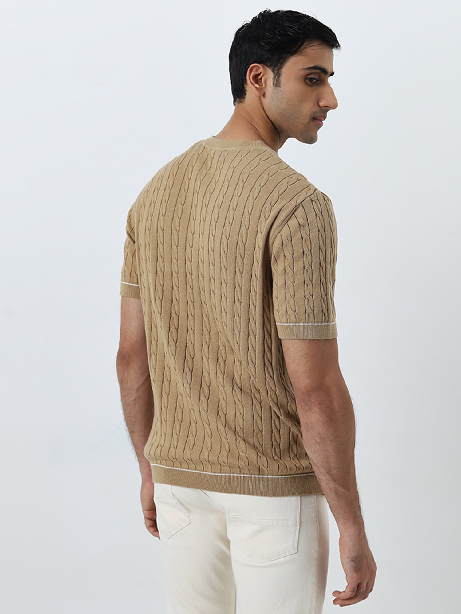 Ascot by Westside Beige Knit-Textured Relaxed-Fit Cotton T-Shirt