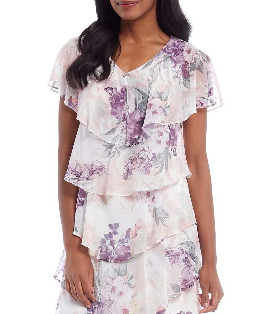 Ignite Evenings Floral Cape Sleeve V-Neck Ruffle Tiered Dress