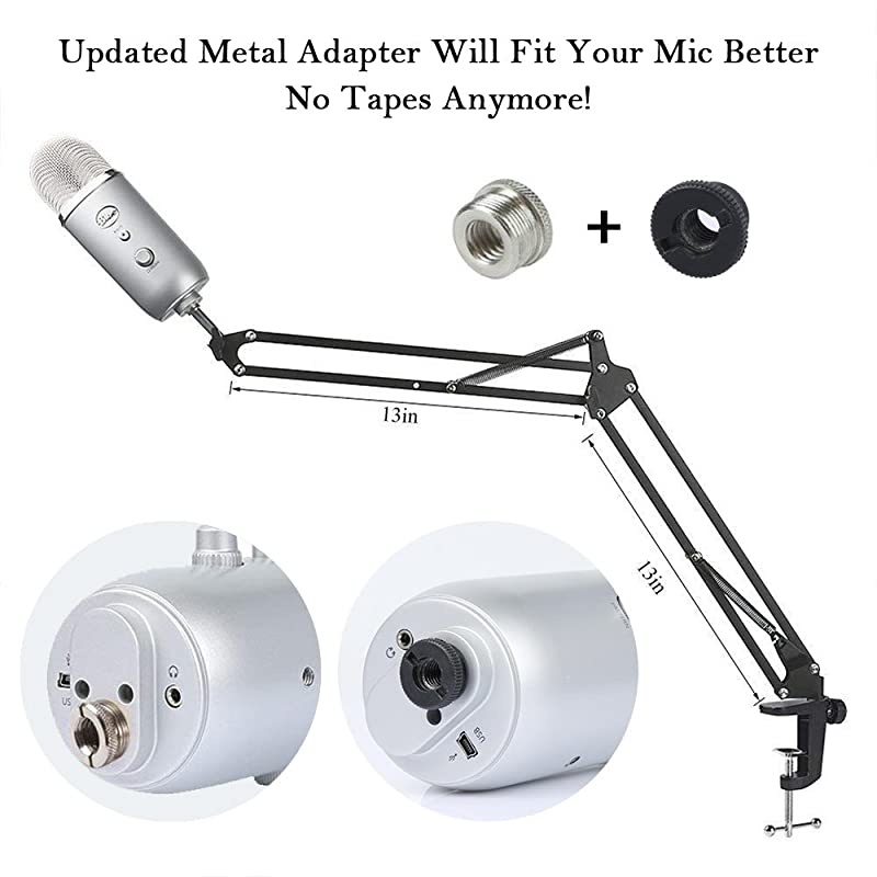 Adjustable Microphone Suspension Boom Scissor Arm Stand with Shock Mount Mic Clip Holder 38 to 58 Screw Adapter for Blue Yeti Snowball amp Other Microphones stand with adapter