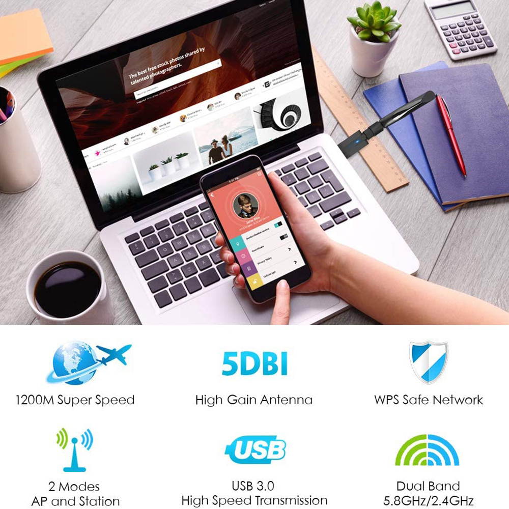 WiFi Adapter, AC1200 Dual Band (5.8G/Max 867Mbps & 2.4G/Max 300Mbps) Wireless Network USB 3.0 Wifi Dongle with 5dBi Antenna for PC/Desktop/Laptop, Support Windows XP Vista/7/8/8.1/10, Mac Os X