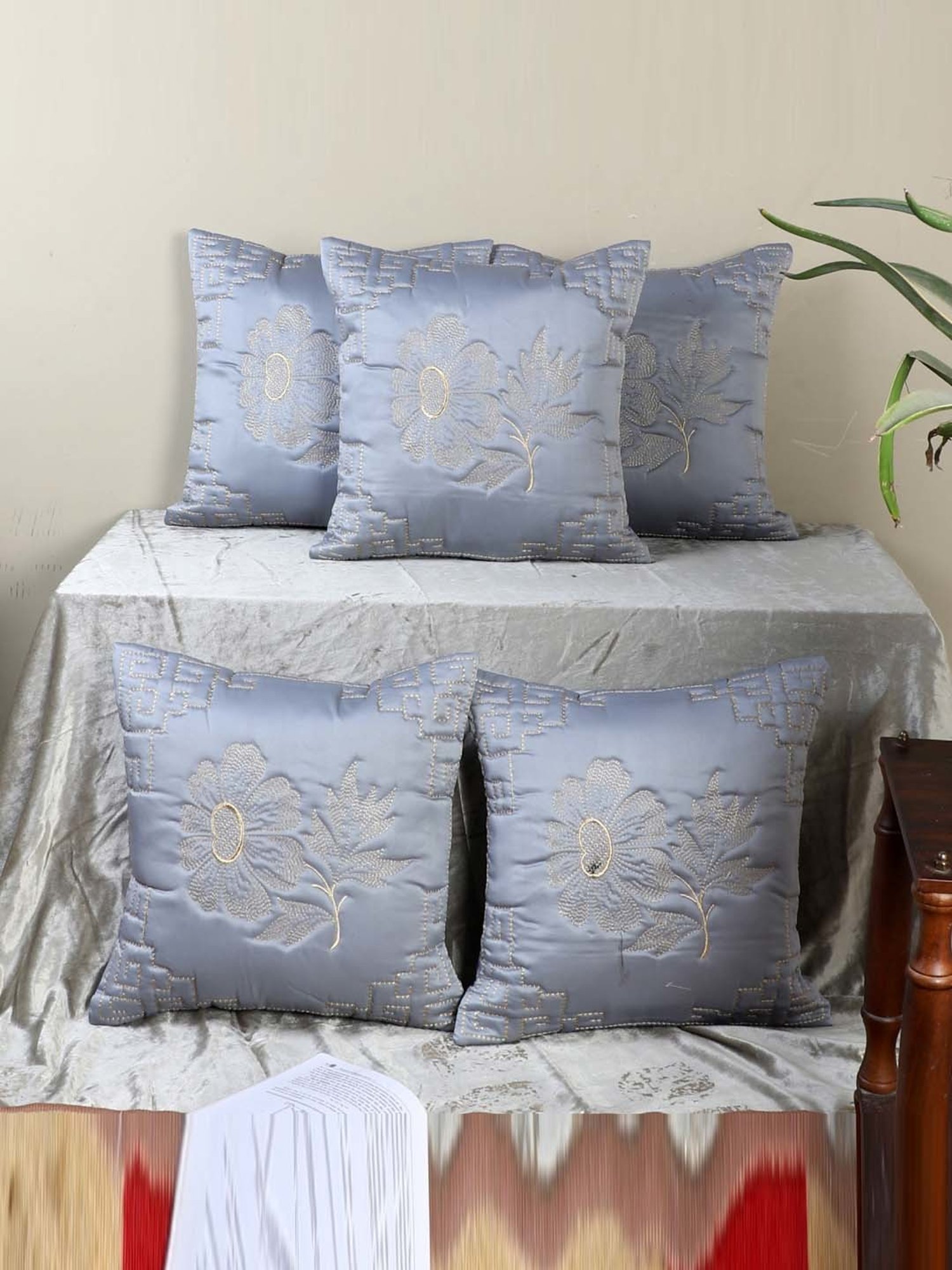 MFD HOME Furnishing Grey Satin Cushion Cover - Set of 5