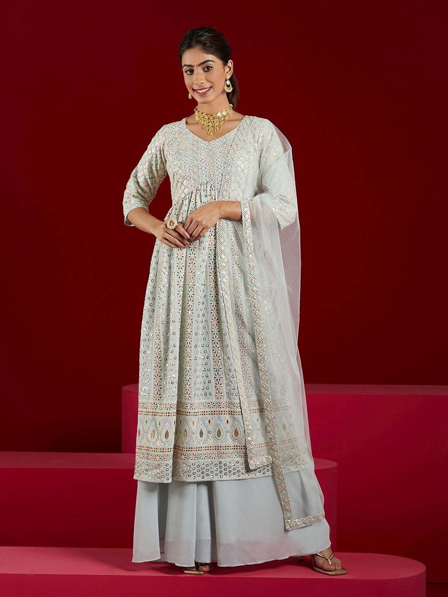 Libas Art Blue Embroidered Kurta Palazzo Set With Dupatta