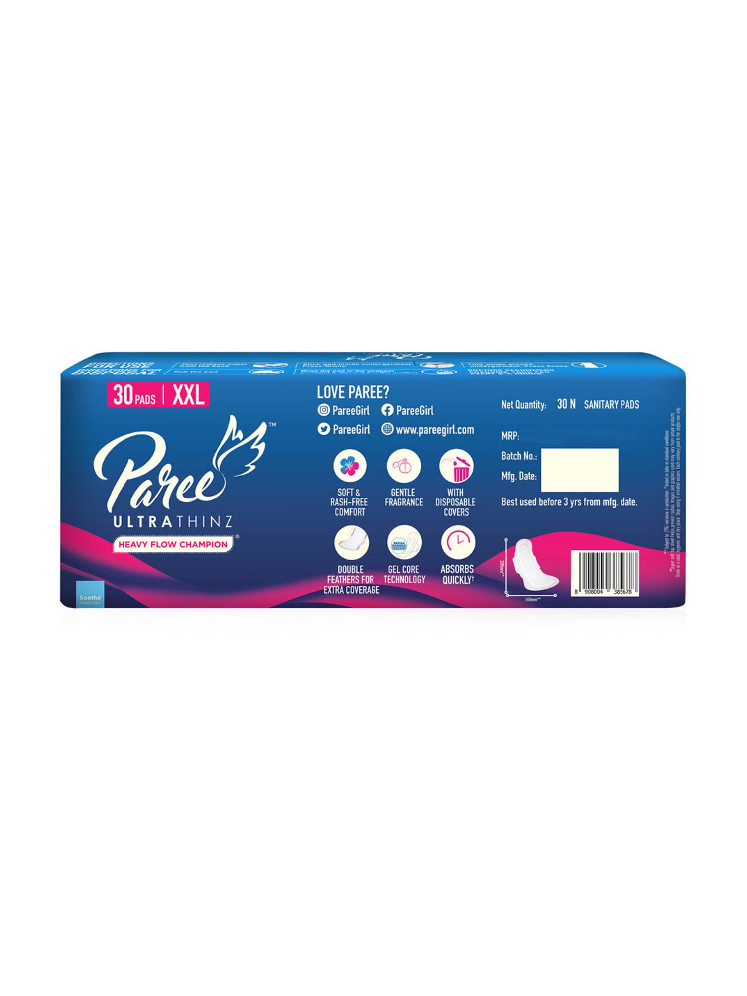 Paree Ultra Thinz Soft & Rash Free Sanitary Trifold XXL Pads for Women - 30 Pcs Each (Pack of 2)
