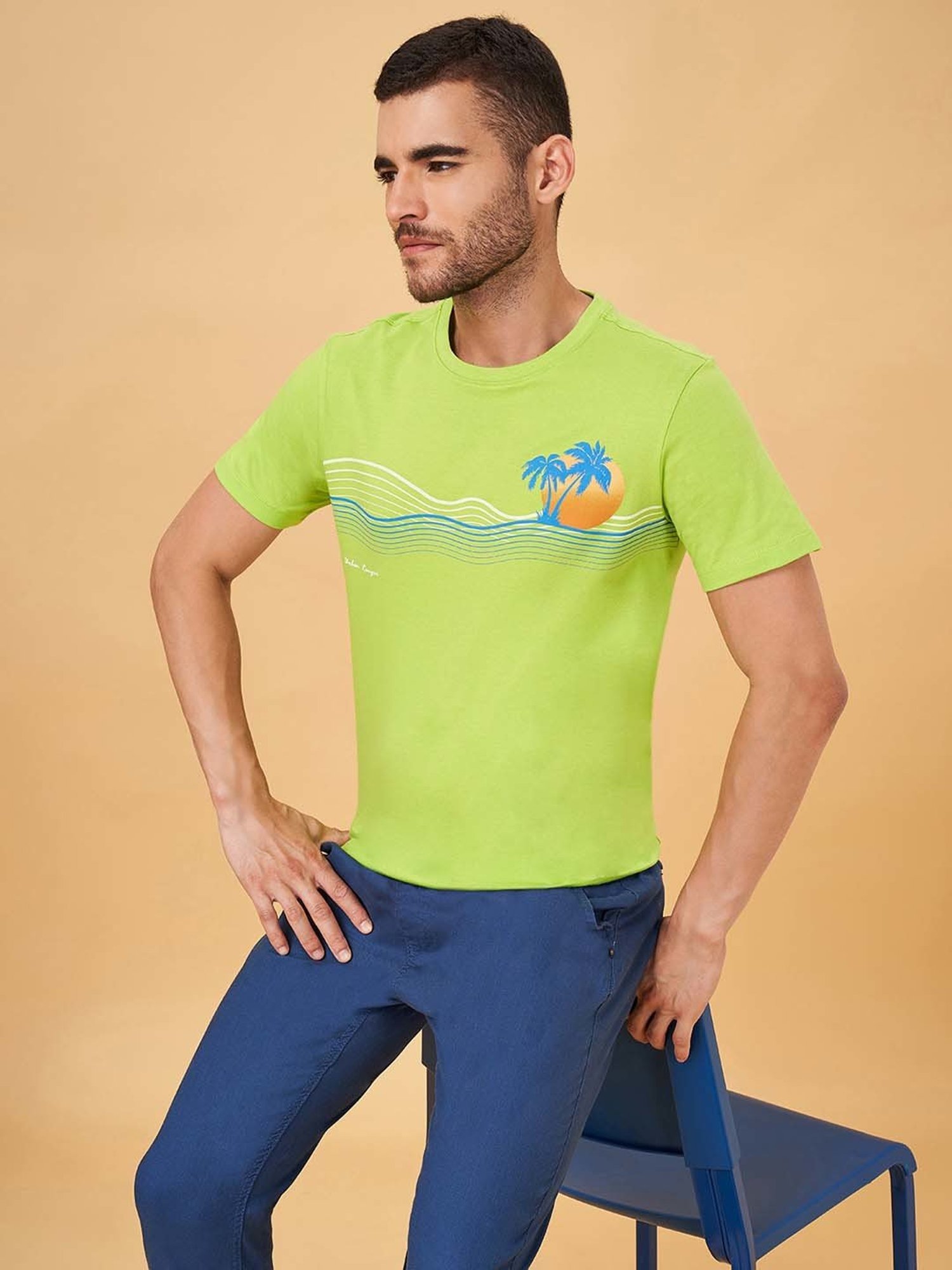 Urban Ranger by Pantaloons Green Slim Fit Printed Crew T-Shirt