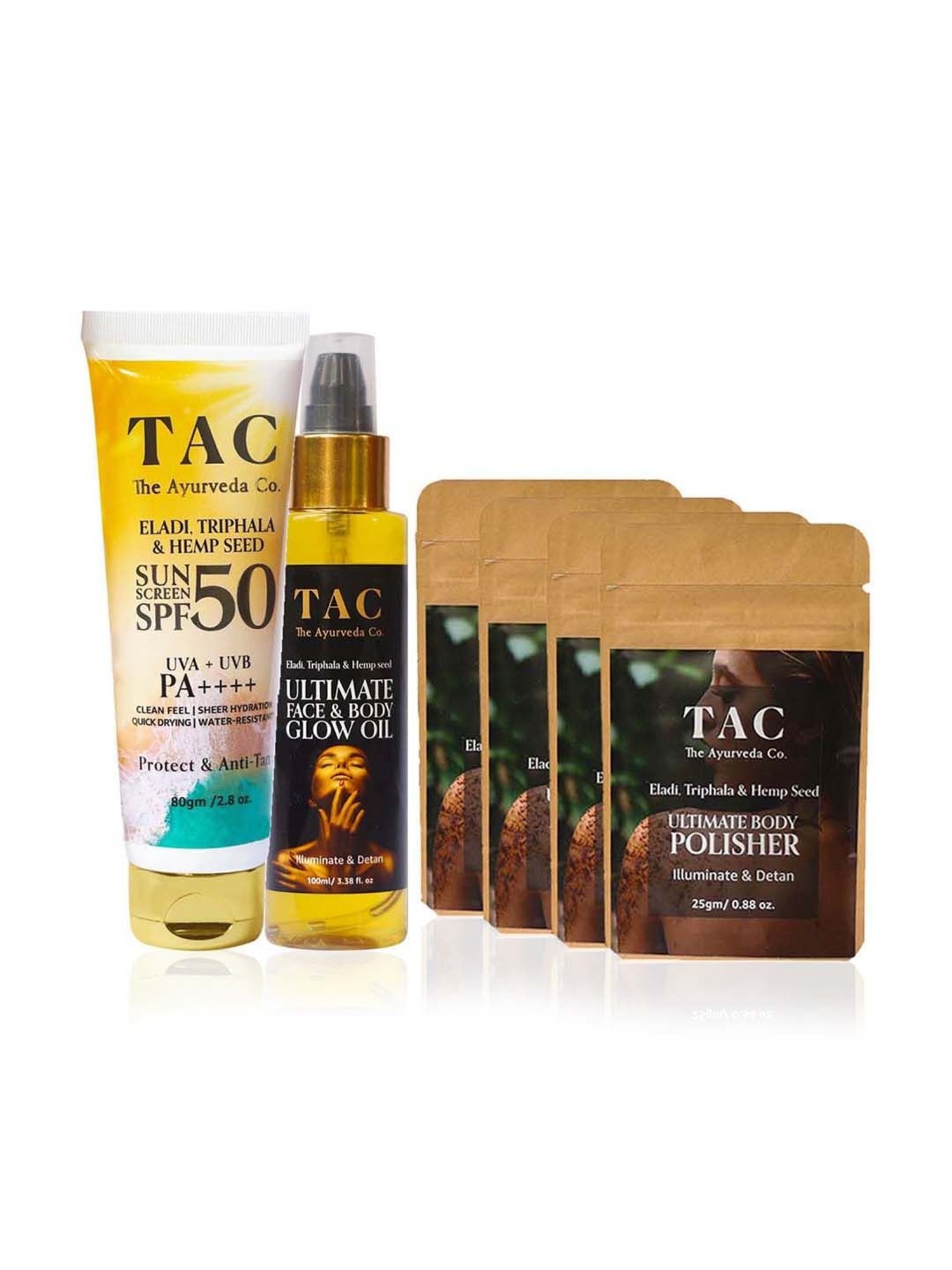 TAC- The Ayurveda Co. SPF 50 Sunscreen, Body Polisher Scrub & Oil