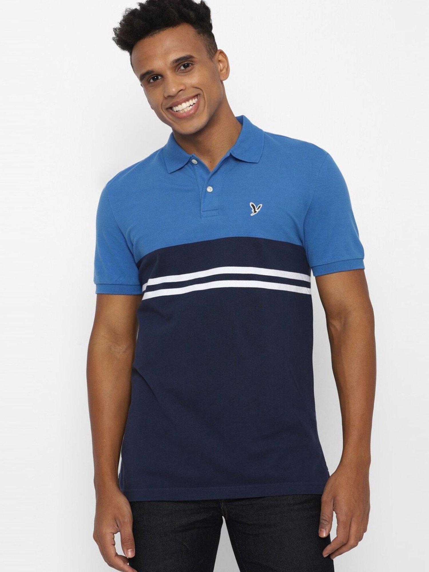 American Eagle Outfitters Navy Cotton Regular Fit Colour Block Polo T-Shirt