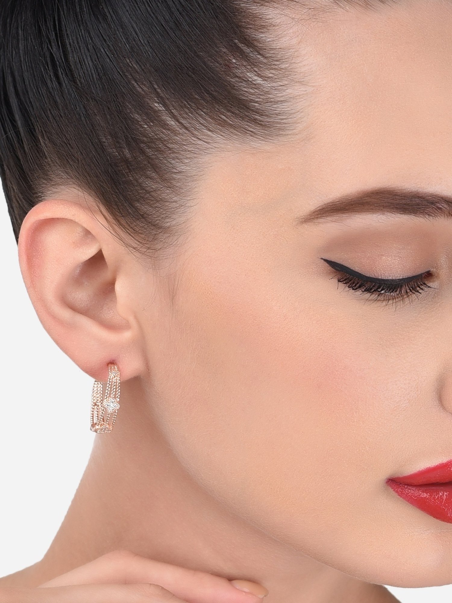 Zaveri Pearls Set of 2 Rose Gold Cubic Zirconia Contemporary Semi Hoop Earrings - ZPFK13362