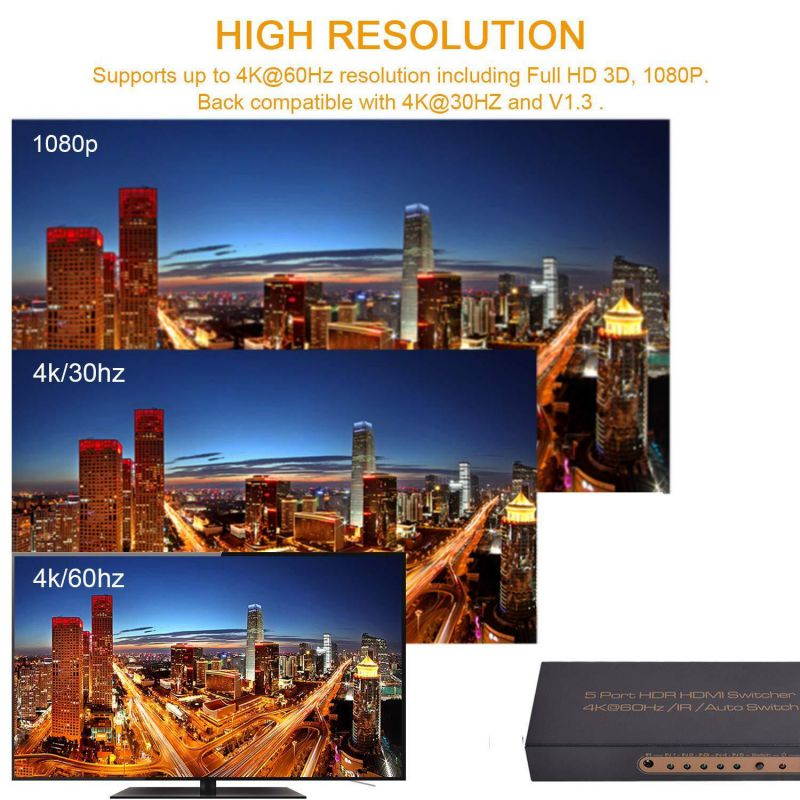 HDMI 2.0 Switch 5x1 Awakelion Premium Quality 4K x 2K/60Hz HDMI Switcher with IR Remote, Support HDR,HDMI 2.0, HDCP 2.2 ,Full HD/3D,1080P,DTS/Dolby (5 In 1 Out)