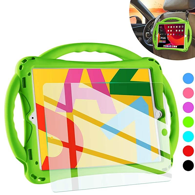 Kids case for New ipad 10.2 2020/2019, iPad 8th/7th Generation Case for Kids,with Tempered Glass Screen Protector and Strap,Premium Silicone Shockproof ipad 10.2" 2020/2019 Cover.. (Green)